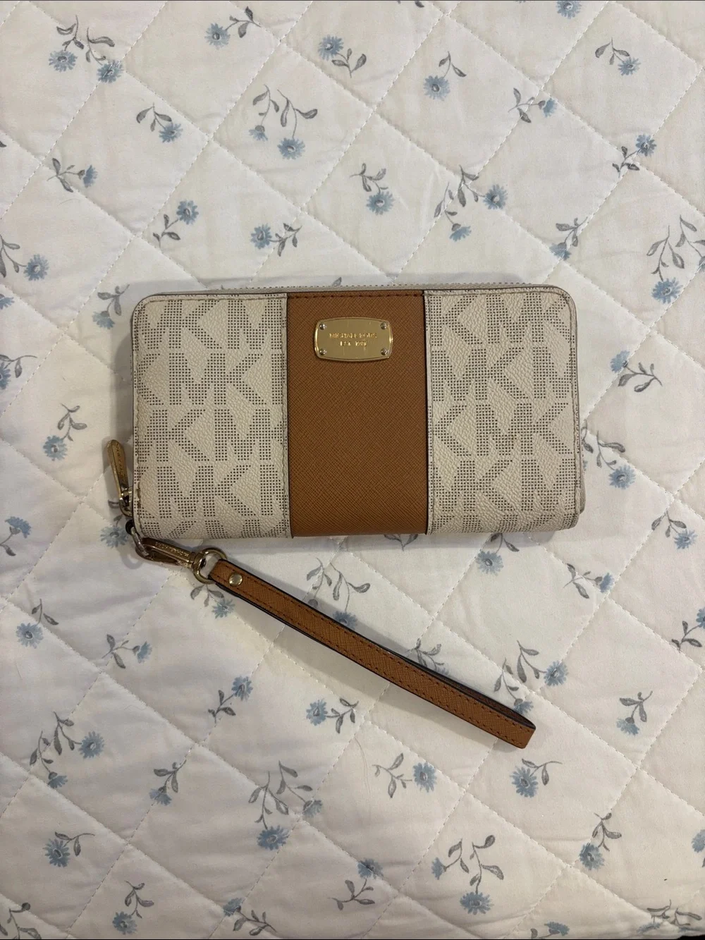 Michael Kors Cream and Brown Logo Wristlet Phone Wallet
